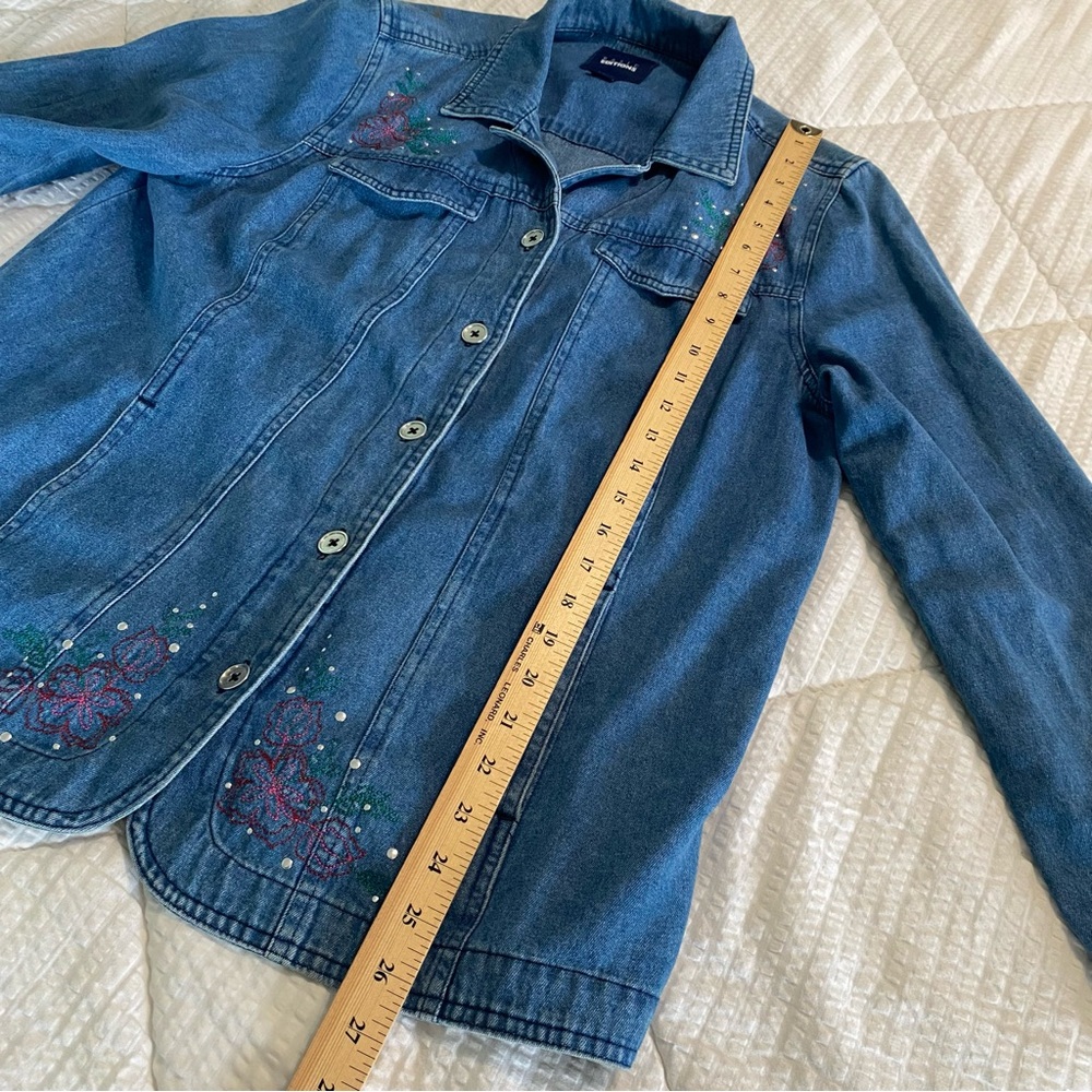 Basic Editions Floral Embroidered Cotton Button Up Denim Jacket Women's Large - Picture 5 of 13